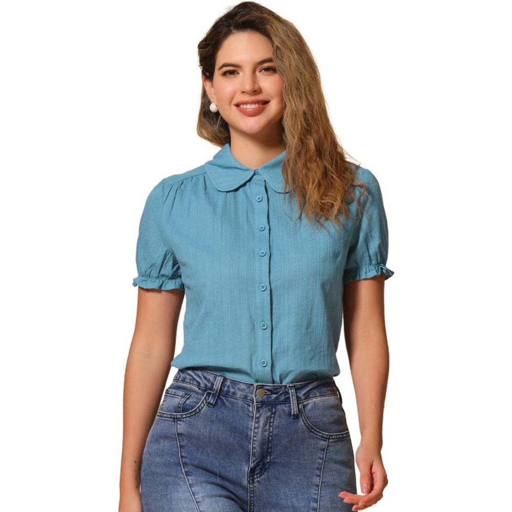 Cotton Frilled Top Turndown Collar Solid Blouse Shirt Blue Gray